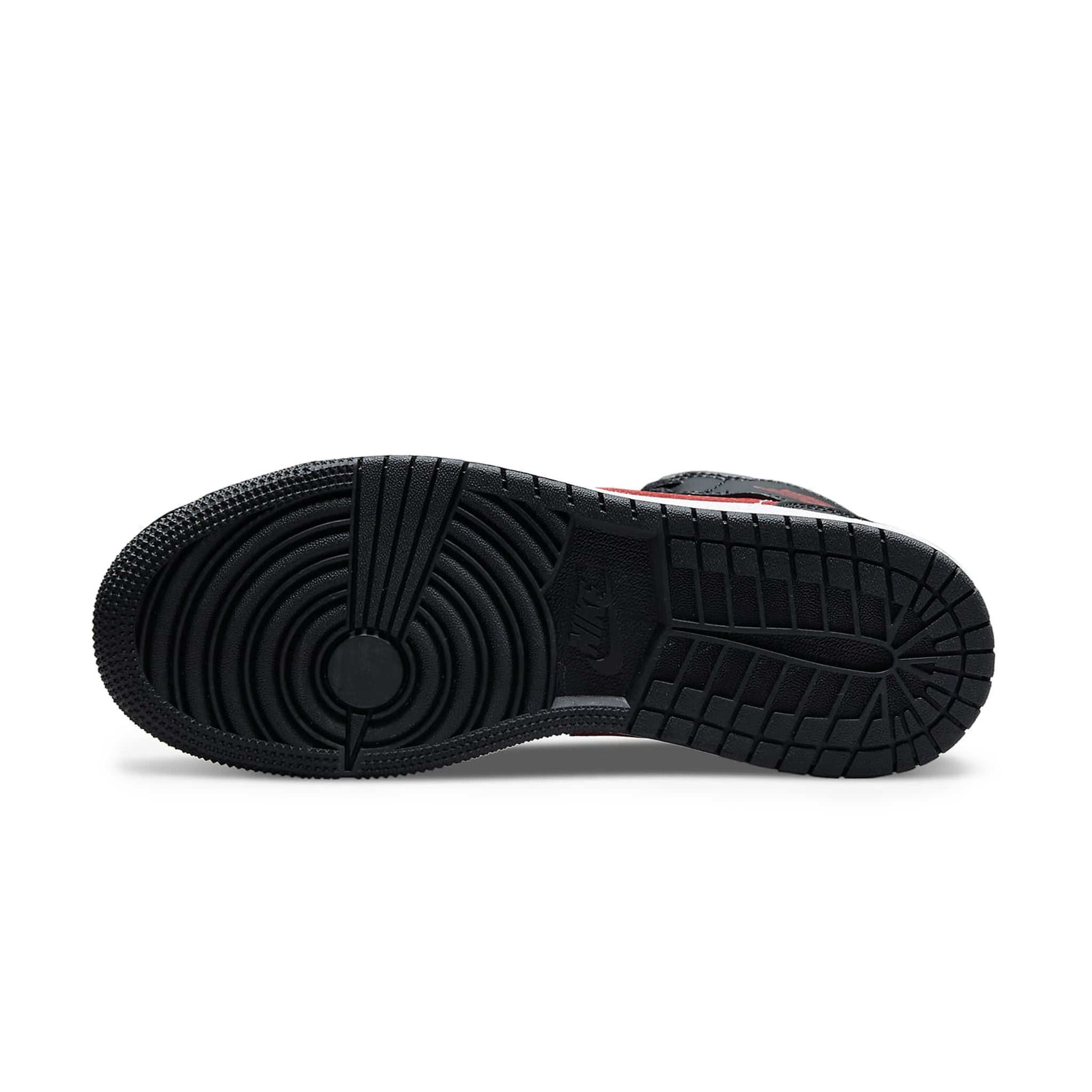 Sole view of Air Jordan 1 Mid Black Fire Red (GS) 554725-079